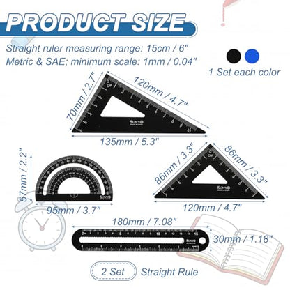 HARFINGTON 8pcs Triangular Ruler Set 15cm/6" Aluminum Alloy Straight Geometric Protractor Triangle Engineering Scale Drafting Ruler Kit Measuring Drawing Tool for Classroom Office, Blue/Black - color: Blue/Black