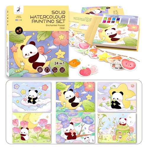 24 in 1 Panda Theme Watercolor Painting Paper Set for Adults Creative Pocket Watercolor Painting Book DIY Paint with Water Coloring Papers Panda Theme Party Supplies for Adults Includes Pigment&Brush - color: Panda Theme