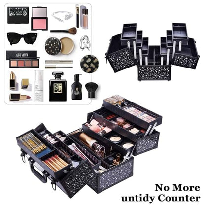 Makeup Case 6 Trays Large 14" x 8.5" x 11" Train Cases Cosmetic Organizer Storage Box by Joligrace - Star Pattern - color: Black Star