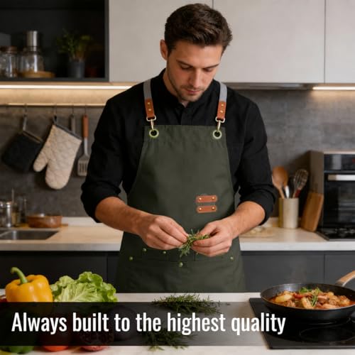 Aoomzoon Durable Kitchen Apron,Multifunctional Chef Aprons for Women & Men with Pockets for Cooking Baking & Daily Use - color: Gray Green