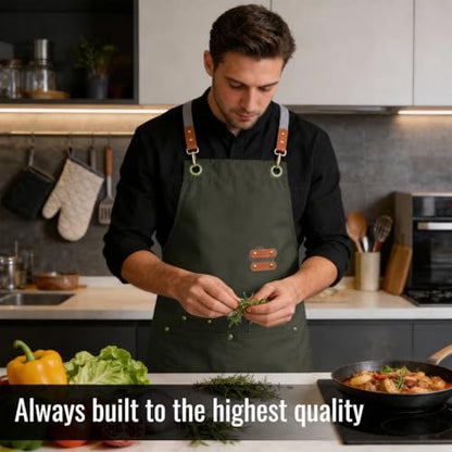 Aoomzoon Durable Kitchen Apron,Multifunctional Chef Aprons for Women & Men with Pockets for Cooking Baking & Daily Use - color: Gray Green