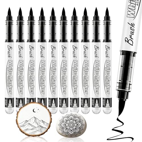 Surcotto Black Acrylic Paint Markers, Soft Brush Tip Pens and Markers, Acrylic Paint Pens for Wood, Stone, Canvas, Glass, Fabric, Egg, Rock Painting and DIY Crafts Art Supplies,10 Pack - color: Black-10Pack