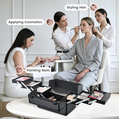 FRENESSA Makeup Train Case Makeup Case 11.8 Inch Large Cosmetic Box Organizer Travel Storage Professional Make Up Train Carrying Case with 6 Trays Locking Hard Vanity Storage Dark Black - color: Dark Black