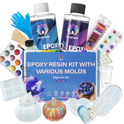 Vivresina Epoxy Resin Kit with Molds for Beginners -17 oz Super Clear Epoxy Resin Complete Kit Include Mica Powders, Glitters, Dried Flowers and Other Resin Supplies, for Adults Crafts Kits,DIY Gift