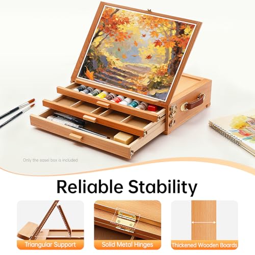 Adjustable Tabletop Easel with Storage Drawers, Beech Wood Desktop Sketch Box for Painting & Drawing, Portable Art Stand Holds Paints, Brushes, Markers for Artists, Students, Beginners