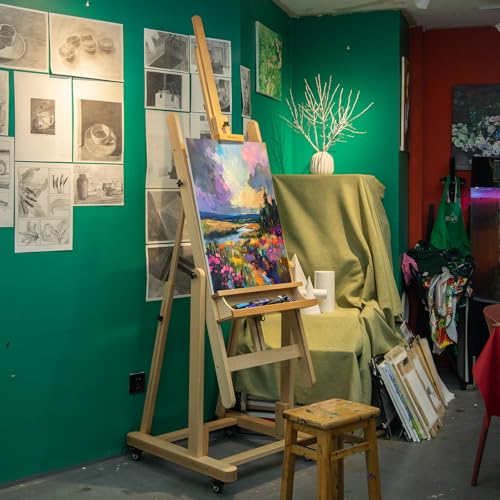 Falling in Art Extra Large H-Frame Studio Easel, Solid Beechwood Artist Easel with Storage Tray, Adjustable Canvas Holder Stand with Rolling Wheels for Painting Adult - style: Studio Easel Natural