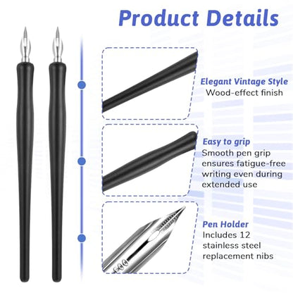 14 Pcs Dip Pen Set Comic Pen Nib Set 12 Stainless Steel Pens Nibs with 2 Wooden Drawing Pens Holder G-Pen Ink Nib for Calligraphy, Comics, Signatures, Drawings (Black)