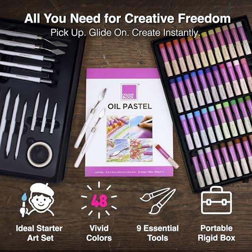 COLOUR BLOCK Oil Pastels All-in-One Art Set 103 PCS, 48 Colors Oil Pastels with 9 Tools, Blending Stumps, Tortillions, Brushes, Metal Palette Knives, Pad for Beginners and Professional Artists