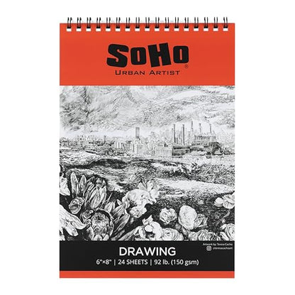 SoHo Urban Artist Softcover Drawing Pad - 6"x8" - 92 lbs/150gsm, Mixed Media, 24 Dual-Sided Sheets, Acid-Free, Wire-Bound, Micro-Perforated, Repeated Erasing & Reworking - size: 6"x8"