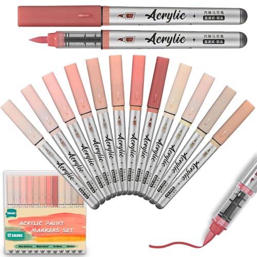 Pink Acrylic Paint Markers Pens 12 Color Creative Marker Set with Soft Brush Tip Blendable, Water-Based Formula for Paper, Wood, Ceramic, Glass, Rock, Canvas, Metal, Ideal for DIY Crafts - color: Pink