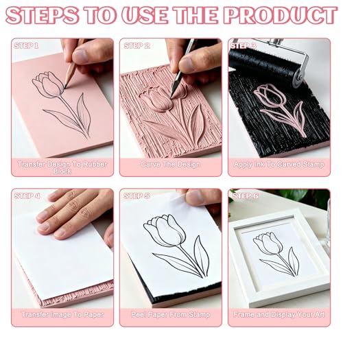 4 PCs 4x6 Inch Linoleum Blocks for Printmaking, Stamp Carving & DIY Linocut | Pink Rubber Stamp, Soft 0.8cm thick, Smooth, clean cuts, Beginner-friendly; For cards, fabric & classroom art - style: 4pack
