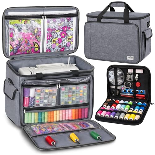 JJRING Sewing Machine Carrying Case, Portable Sewing Machine Bag with Shoulder Strap, Heavy Duty Sewing Machine Tote Suitable for Standard Sewing Machines With 29pc Sewing Set, Grey - color: Grey, size: Large