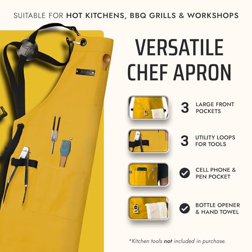 Asaya Chef and BBQ Apron with Bottle Opener and Hand Towel - 10oz Cotton Canvas, Stainless Steel Hardware - Cross Back Straps - color: Yellow