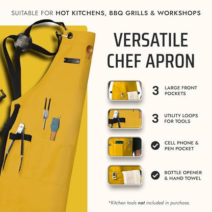 Asaya Chef and BBQ Apron with Bottle Opener and Hand Towel - 10oz Cotton Canvas, Stainless Steel Hardware - Cross Back Straps - color: Yellow