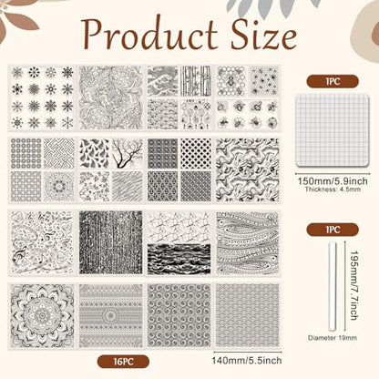 CHGCRAFT 16 Pcs 16 Style Artistic Pattern Polymer Clay Texture Sheets Musical Note Silicone Clay Texture Mat Modeling Pattern Pad Sheets for Jewelry and Earrings Tools, 5.5x5.5 inch