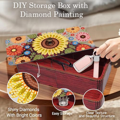 Diamond Art Painting Storage Box Kit, DIY Rectangular Wooden Decorative Container Holder with Lid, Snack Jewelry Gem Art Organizer Case for Adults (Sunflower) - style: Sunflower