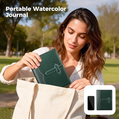 Lightwish Watercolor Sketchbook, 100% Cotton 300gsm Hot Press, 5.8" x 8.2", 20 Sheets, A5 Binder Bound & Refillable, Acid Free Paper for Artists, Adults, Students, Travel Art Journal - color: British Retro - Green