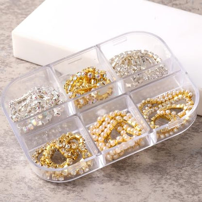 2 Boxes Strips Metal Chain Nail Art Charms Punk Luxury Pearl Gems Nail Rhinestones Chains Nail Charms for Acrylic Nails Bling Shiny Gold Silver Diamond Nail Jewelry for Women Nail Supplies DIY Crafts - color: bronze