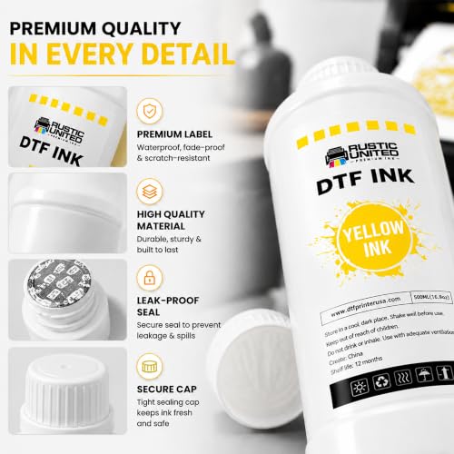 Premium DTF Ink Refill 500ml for Heat Transfer Printing, Compatible with Epson ET-8550, ET-8500, XP-15000, L1800, L805, R1390, R2400, DX5, DX7, XP600, I3200 Printers (Yellow, 500ml) - color: Yellow, size: 500ml