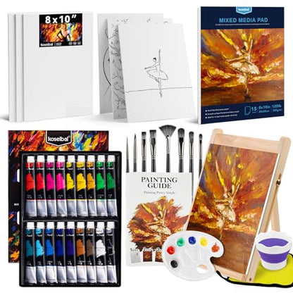 koseibal Acrylic Paint Set for Adults & Kids - 37PCS Art Painting Supplies Kit with 18 Colors Acrylic Paint, 8 Paint Brushes,6 Canvas Panels, Wooden Easel,Palette, Painting Pad - color: 18color+37pcs