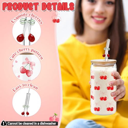 4 Set 16 oz Coquette Bows Glass Cups with Lids and Bows Straws Cleaning Brushes Aesthetic Iced Coffee Cup Reusable Mug for Women Sister Birthday Gift Not Dishwasher Safe(Pink,Cherry) - color: Pink, size: Cherry