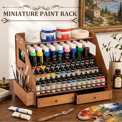 Colingmill 128 Holes Wooden Paint Organizer with Acrylic Storage Shelf 26 Brush Slots, 6 Drying Slots 2 Miniature Paint Handles 2 Drawers for Miniature Paints Storage 2oz and 17ml Bottles