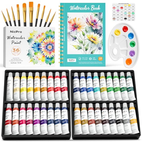 Nicpro Watercolor Paint Set for Adults, 36 Colors Watercolor Tube (12ml,0.4oz) with10 Paint Brushes, 25-Sheet Watercolor Paper Book, Palette, Water Color Painting Supplies for Artists Beginners Gift - color: 36 Colors - 48 Pieces