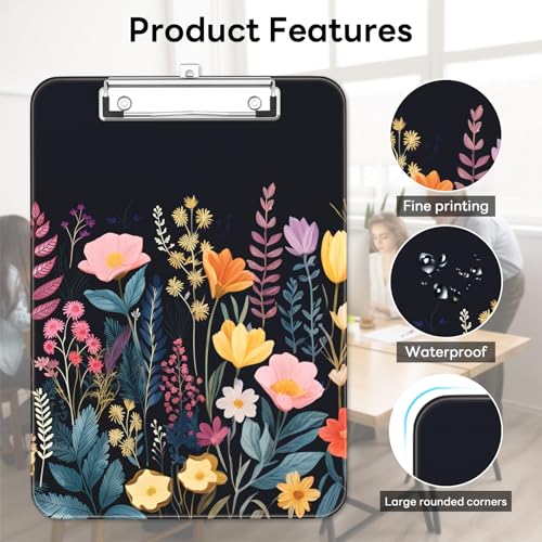 Plastic Cute Clipboard Low-Profile Metal Clip, A4 Letter Size 9 x 12.5 in, 8.5 x 11 Paper Clip Board for Teachers, Nurses, Classroom,Black Flower - color: Black Flower