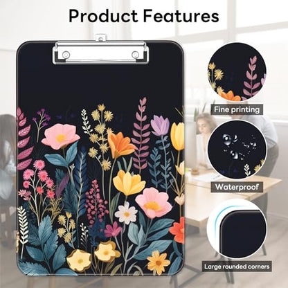 Plastic Cute Clipboard Low-Profile Metal Clip, A4 Letter Size 9 x 12.5 in, 8.5 x 11 Paper Clip Board for Teachers, Nurses, Classroom,Black Flower - color: Black Flower
