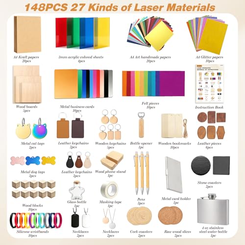 Ecoofor 148 PCS Laser Engraving Materials Kit, Mixed Laser Engraving Blanks Sample Pack with Acrylic, Metal, Wood, Leather, Glass, Rubber & Fabric for Laser Engraver Cutter Testing