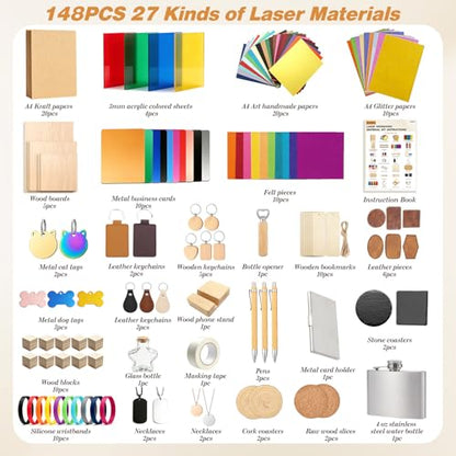 Ecoofor 148 PCS Laser Engraving Materials Kit, Mixed Laser Engraving Blanks Sample Pack with Acrylic, Metal, Wood, Leather, Glass, Rubber & Fabric for Laser Engraver Cutter Testing