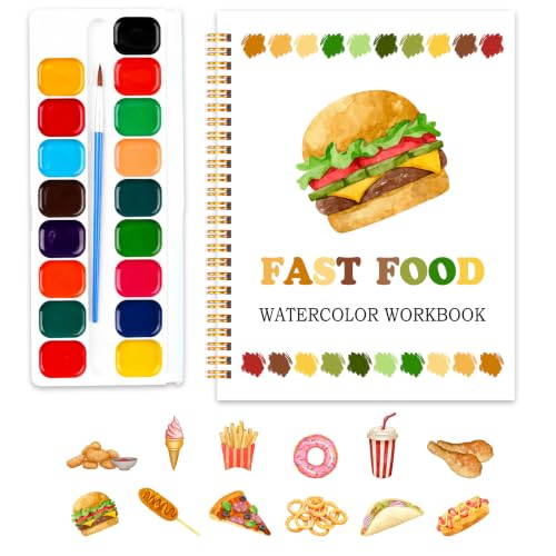 Fast Food Favorites Watercolor Workbook, 12 Patterns Watercolor Kit for Beginners, Step-by-Step Water Coloring Book, 18 Colors Watercolors Paint Set, Art Gift for Adults Teen - color: fast food