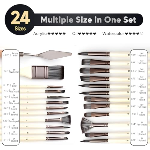 24pcs Paint Brush Set, Expert Series, 23 Different Shapes + Mixing Knife with Cloth Roll Case, Enhanced Synthetic Painting Brushes Set for Acrylic, Watercolor, Oil, Gouache (Cream) - color: Cream