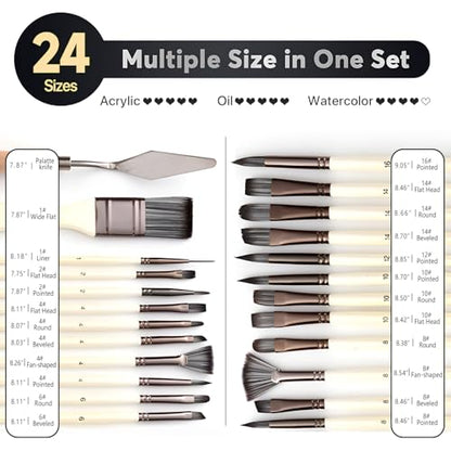 24pcs Paint Brush Set, Expert Series, 23 Different Shapes + Mixing Knife with Cloth Roll Case, Enhanced Synthetic Painting Brushes Set for Acrylic, Watercolor, Oil, Gouache (Cream) - color: Cream