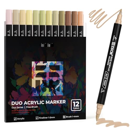 12 Skin Acrylic Paint Markers, Dual Tip Acrylic Brush Pens with Fine Tip & Brush Point, Natural Skin Tone Acrylic Markers for Portraits Wood Canvas Stone Glass Rock Painting - color: 12 Skin