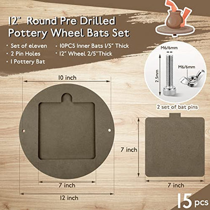 15 Pcs Bat for Pottery Wheel Adapter with Removable Inserts Pottery Bats for Throwing with 12'' Round Outer and 7'' Square Inner with Pins for Potters Clay(Dark Brown) - color: Dark Brown