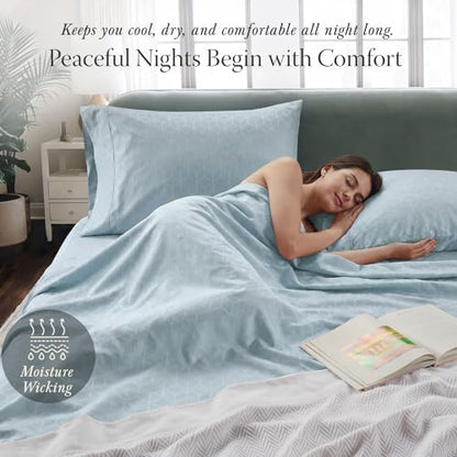 Threadmill Egyptian Cotton Sheets for King Size Bed | 100% Certified Egyptian Cotton King Bed Sheets Set | Snug Fit Elastic Deep Pocket King Sheets Soft, Breathable Damask Jacquard | Light Blue - color: Light Blue Cadence, size: King