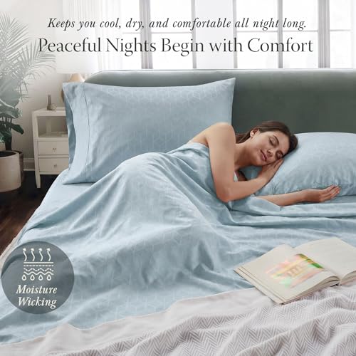 Threadmill Egyptian Cotton Queen Sheet Set | 100% Certified Egyptian Cotton Bed Sheets for Queen Size Bed | Queen Sheet Set with Deep Pocket | Soft Cooling Damask Jacquard Bedding Set | Light Blue - color: Light Blue Cadence, size: Queen