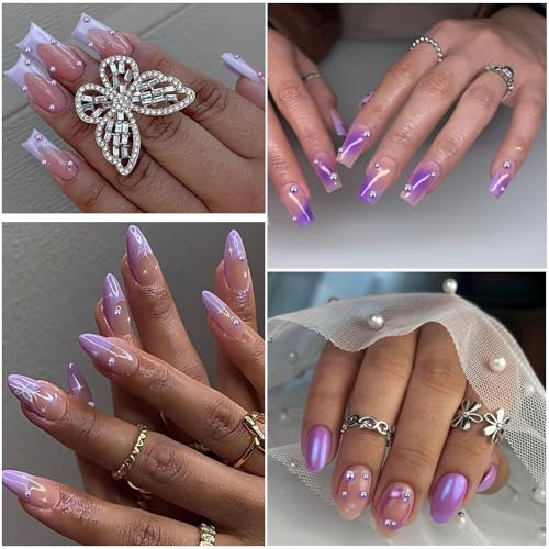 Nail Art Pearls with Rhinestones Glue Gel Flatback Pearls Nail Charms Luxurious Nails Supplies Accessories Gold Silver Gems Jewelry Pearl for Women Nails Design(Purple) - color: Colorful-16