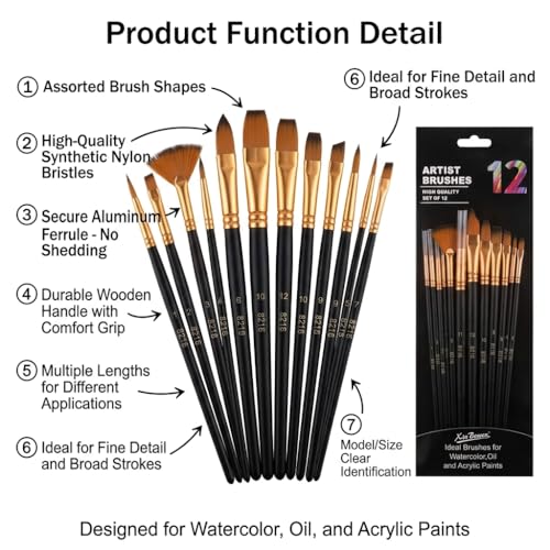 12-Piece Artist Paint Brush Set, Synthetic Filbert Comb and Detail Brushes for Acrylic Watercolor & Oil Painting, Professional Art Supplies for Canvas Texture Work