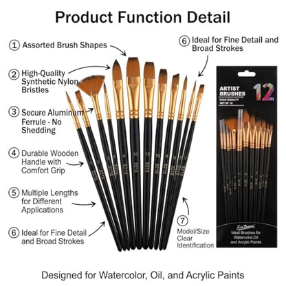 12-Piece Artist Paint Brush Set, Synthetic Filbert Comb and Detail Brushes for Acrylic Watercolor & Oil Painting, Professional Art Supplies for Canvas Texture Work