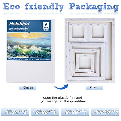 Halobios 6 Packs Stretched Canvases for Painting with 4x4 Inch, 6x6 Inch, 8x8 Inch, 11x14 Inch, Painting Canvases for Acrylics,Oils & Other Media, 5/8 Inch Profile 100% Cotton Artist Framed Canvas - size: 6 Pack Mixed - 11×14IN 8×8IN 6×6IN 4×4IN