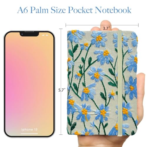 Pocket Notebook, Small Sketchbook, A6 Journal, 4x6, Daisy Gifts for Women, Floral Notebook, Embroidery Journal, Blank Paper, Hardcover, Lay Flat, Elastic Band, Diary for Girls, Blue Daisy - color: A6-Band-Blue, style: Plain