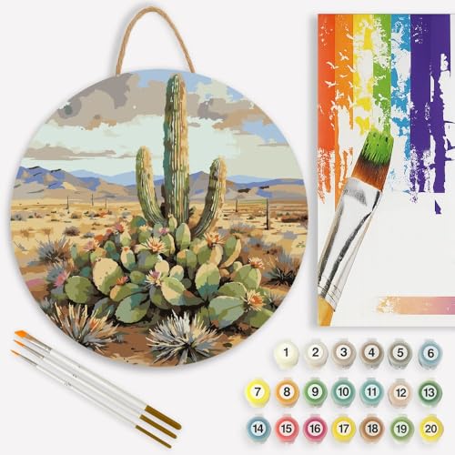 Cactus Desert Scene Paint by Numbers Kit for Adults on Wood Board – DIY Saguaro and Prickly Pear Wood Craft Painting Kit, 12 in Round, Acrylic Paint Set, Beginner-Friendly, Relaxing Home Decor Gift - color: FM05951-12 IN Round Wood