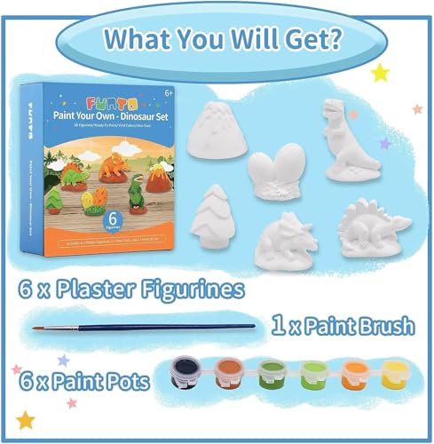 Funto Paint Your Own Dinosaurs Painting Kit, Arts and Crafts Set, STEAM Project Creative Activity DIY Toys, with 6 Figurines, 6 Paint Pots, 1 Brush - color: Jurassic, size: Ornament