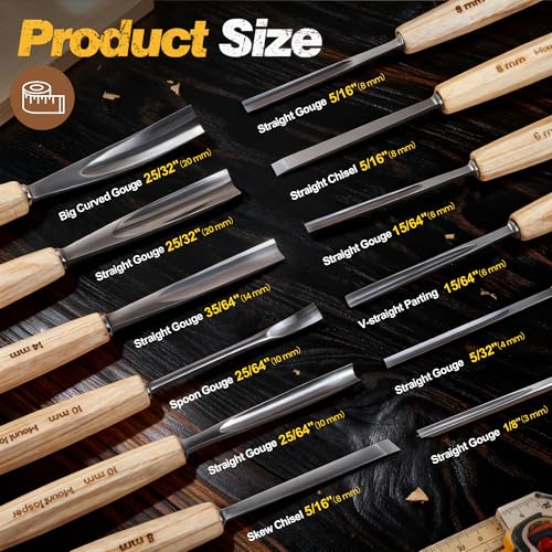 Wood Carving Tools, Wood Carving Kit of 12 Chisels, 1 Nylon Hammer & Leather Bag, CR-V Wood Chisel Set Whittling Kinves Kit, Carving Knife Set for Beginners, Carpenters