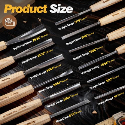 Wood Carving Tools, Wood Carving Kit of 12 Chisels, 1 Nylon Hammer & Leather Bag, CR-V Wood Chisel Set Whittling Kinves Kit, Carving Knife Set for Beginners, Carpenters