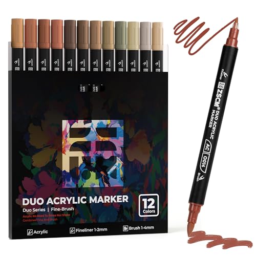 ZSCM QUALITY DECIDES THE FUTURE 12 Brown Acrylic Paint Markers, Dual Tip Acrylic Brush Pens with Fine Tip & Brush Point, Earthy Brown Acrylic Markers for Wood Canvas Stone Glass Rock Painting - color: 12 Brown