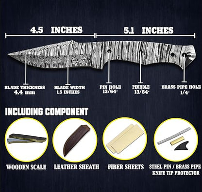 Custom Hand Forged Damascus Steel Blank Blade Knife Making Kit Leather sheath, Pins, Scales, Damascus Blade Billet Knife Making Supply (BK-G) - color: BK-G