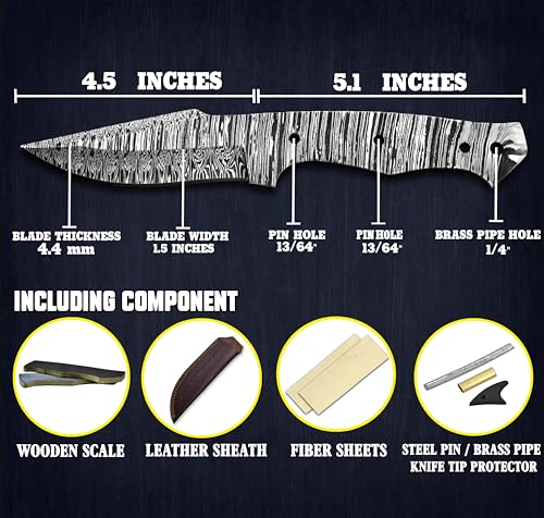Custom Hand Forged Damascus Steel Blank Blade Knife Making Kit Leather sheath, Pins, Scales, Damascus Blade Billet Knife Making Supply (BK-G) - color: BK-G